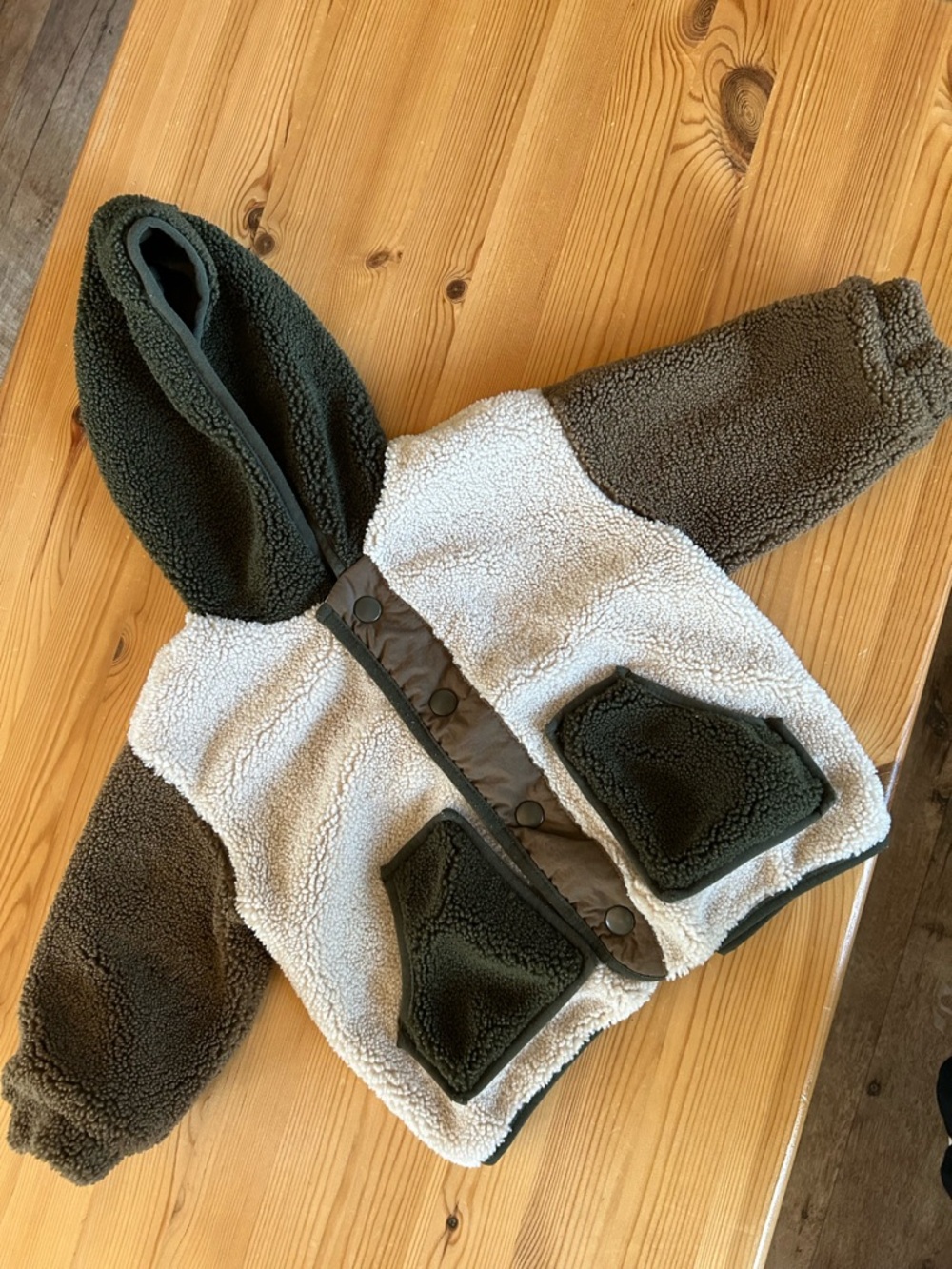 next Cream and Dark Green Sherpa Hooded Jacket for Kids